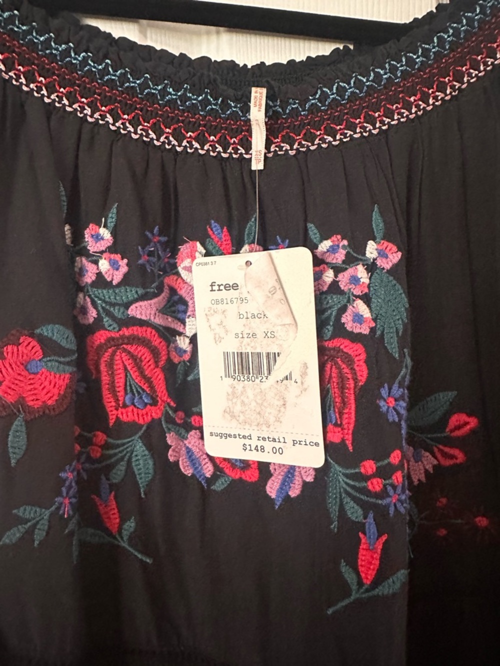 Free People Black Off-Shoulder Dress with Multicolor Floral Embroidery - Picture 6 of 8